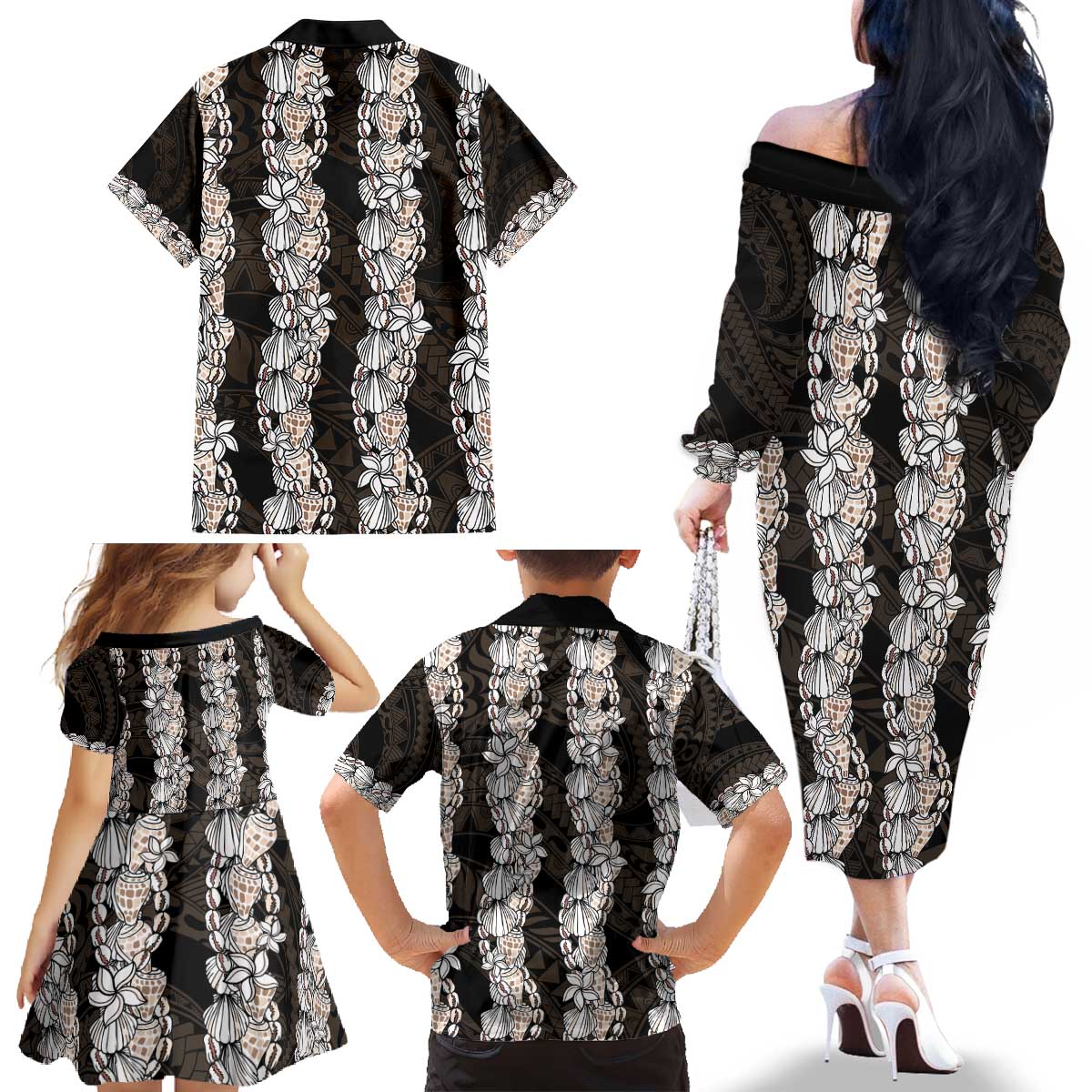 Black and Beige Hawaii Shell Lei Family Matching Off The Shoulder Long Sleeve Dress and Hawaiian Shirt Hawaiian Sunrise Shell Hebrew Cone Plumeria - Polynesian Pride