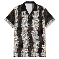 Black and Beige Hawaii Shell Lei Family Matching Off The Shoulder Long Sleeve Dress and Hawaiian Shirt Hawaiian Sunrise Shell Hebrew Cone Plumeria - Polynesian Pride