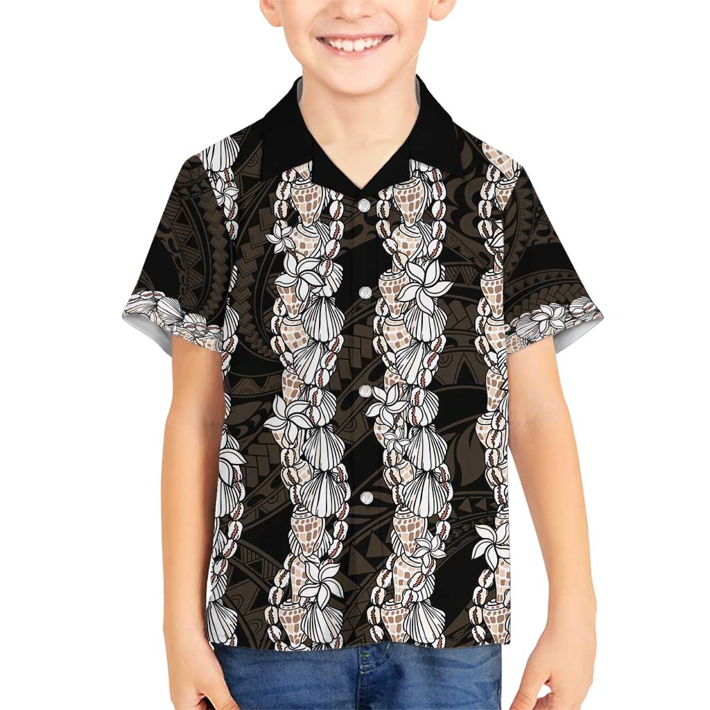 Black and Beige Hawaii Shell Lei Family Matching Off Shoulder Short Dress and Hawaiian Shirt Hawaiian Sunrise Shell Hebrew Cone Plumeria - Polynesian Pride