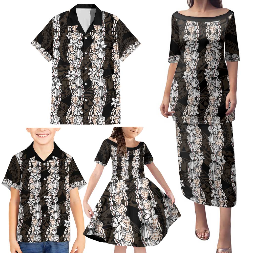Black and Beige Hawaii Shell Lei Family Matching Puletasi and Hawaiian Shirt Hawaiian Sunrise Shell Hebrew Cone Plumeria - Polynesian Pride