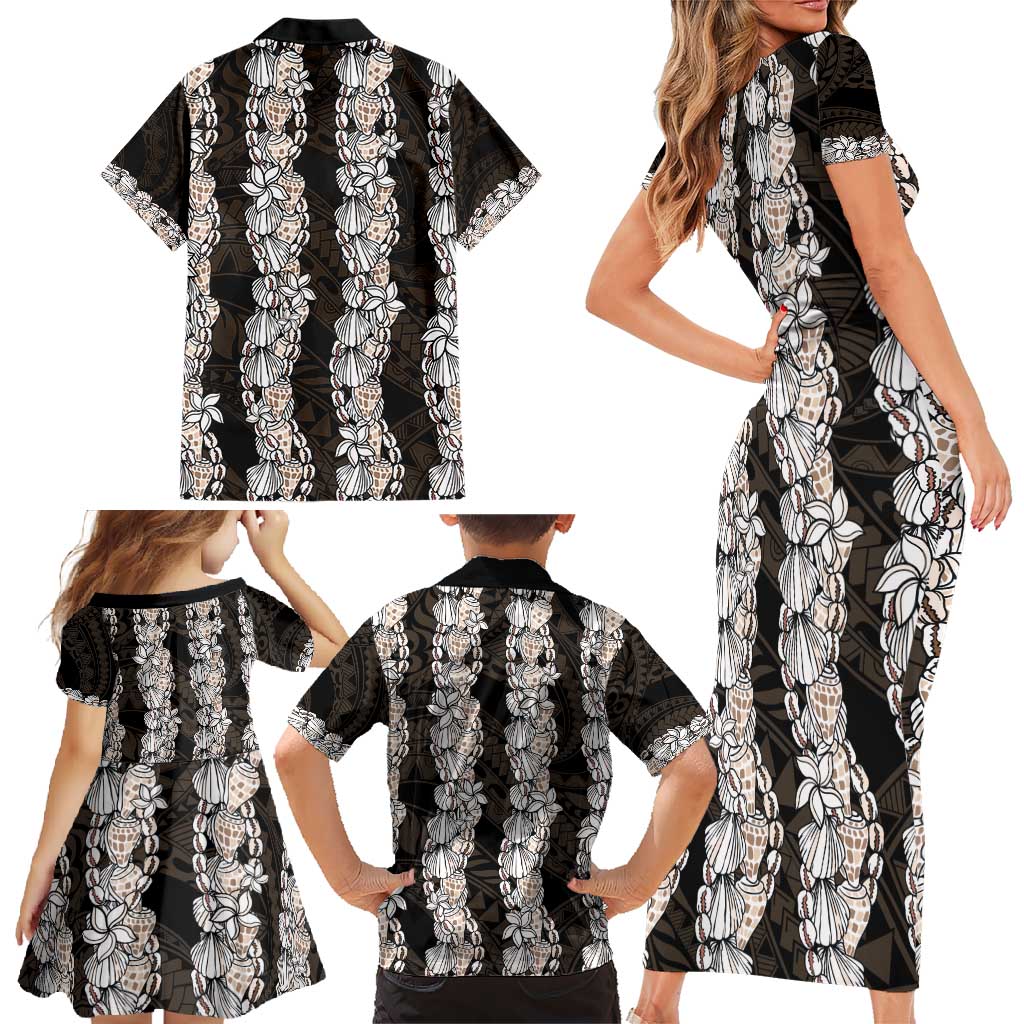 Black and Beige Hawaii Shell Lei Family Matching Short Sleeve Bodycon Dress and Hawaiian Shirt Hawaiian Sunrise Shell Hebrew Cone Plumeria - Polynesian Pride