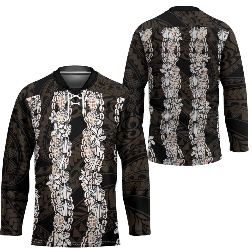 Black and Beige Hawaii Shell Lei Hockey Jersey Hawaiian Sunrise Shell Hebrew Cone Plumeria - Polynesian Pride