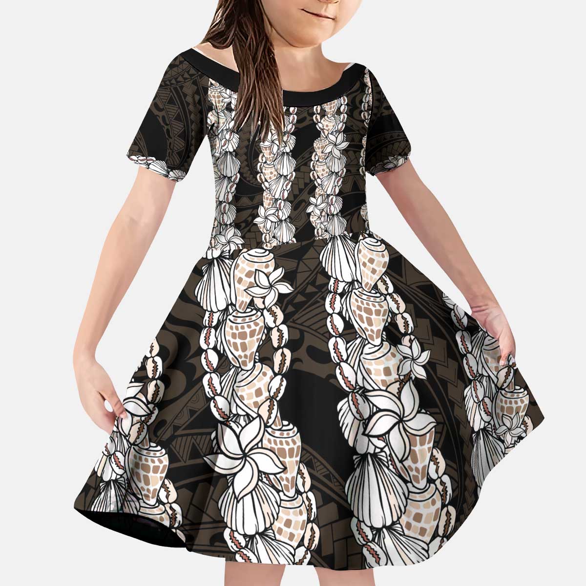 Black and Beige Hawaii Shell Lei Kid Short Sleeve Dress Hawaiian Sunrise Shell Hebrew Cone Plumeria - Polynesian Pride