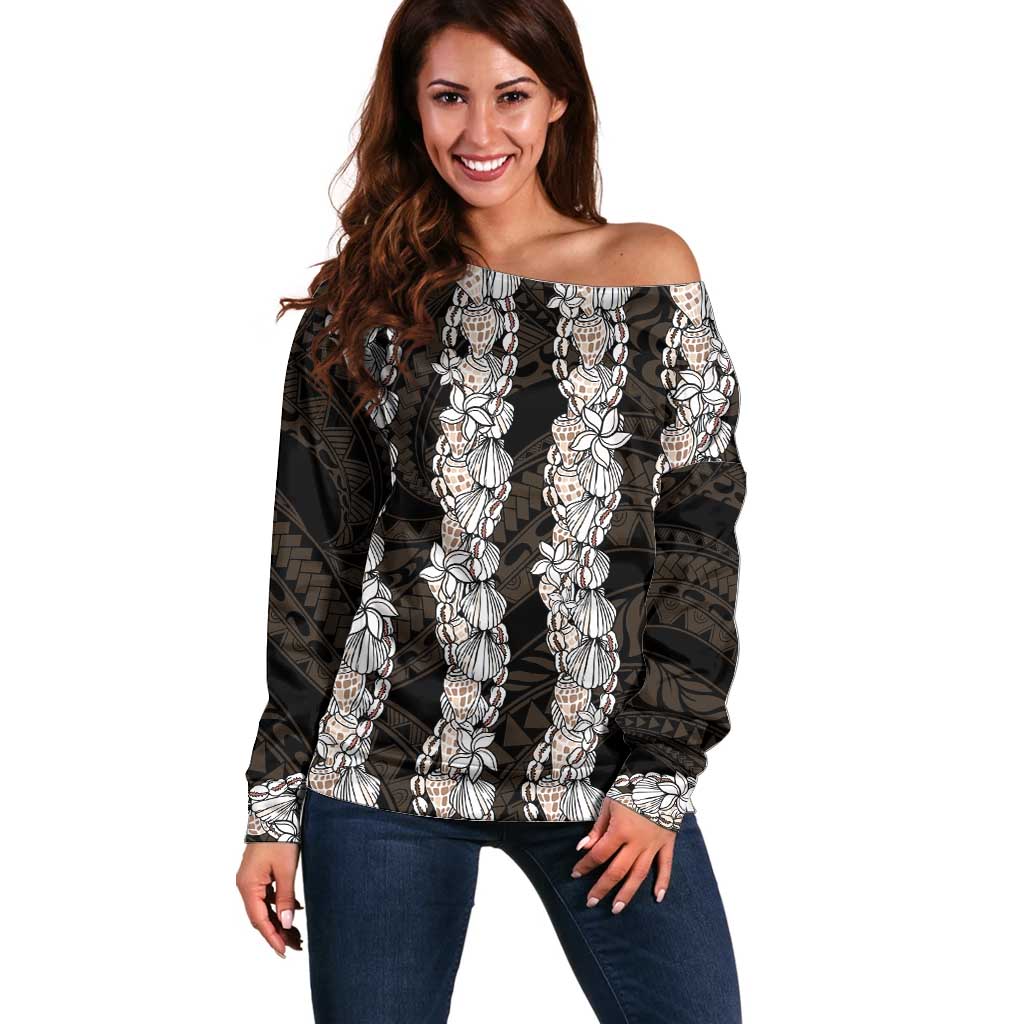 Black and Beige Hawaii Shell Lei Off Shoulder Sweater Hawaiian Sunrise Shell Hebrew Cone Plumeria - Polynesian Pride