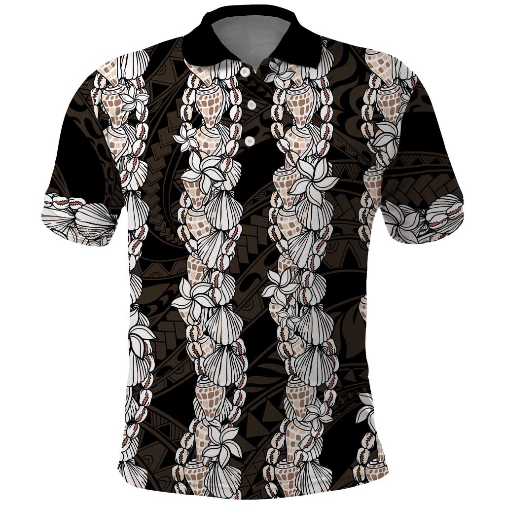 Black and Beige Hawaii Shell Lei Polo Shirt Hawaiian Sunrise Shell Hebrew Cone Plumeria - Polynesian Pride