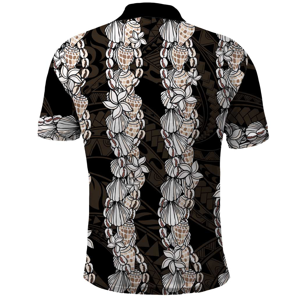 Black and Beige Hawaii Shell Lei Polo Shirt Hawaiian Sunrise Shell Hebrew Cone Plumeria - Polynesian Pride