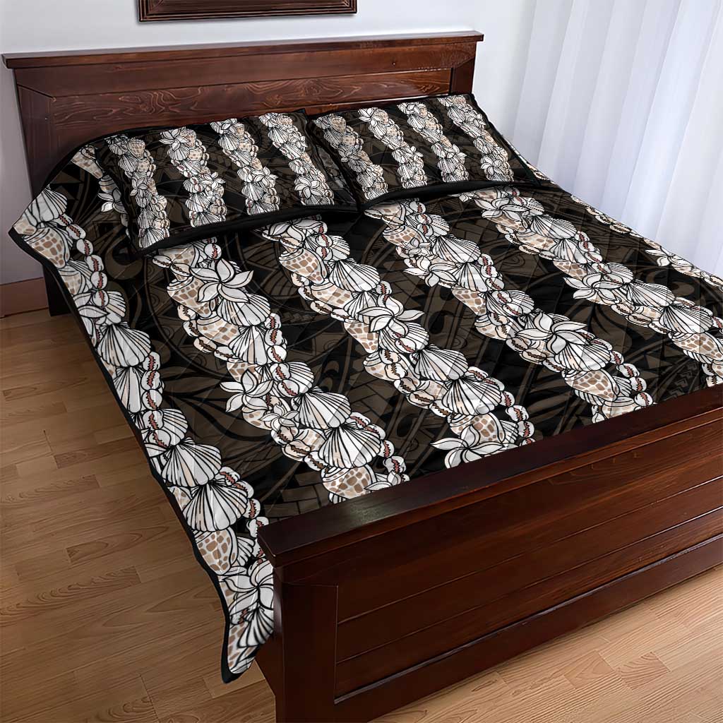 Black and Beige Hawaii Shell Lei Quilt Bed Set Hawaiian Sunrise Shell Hebrew Cone Plumeria - Polynesian Pride