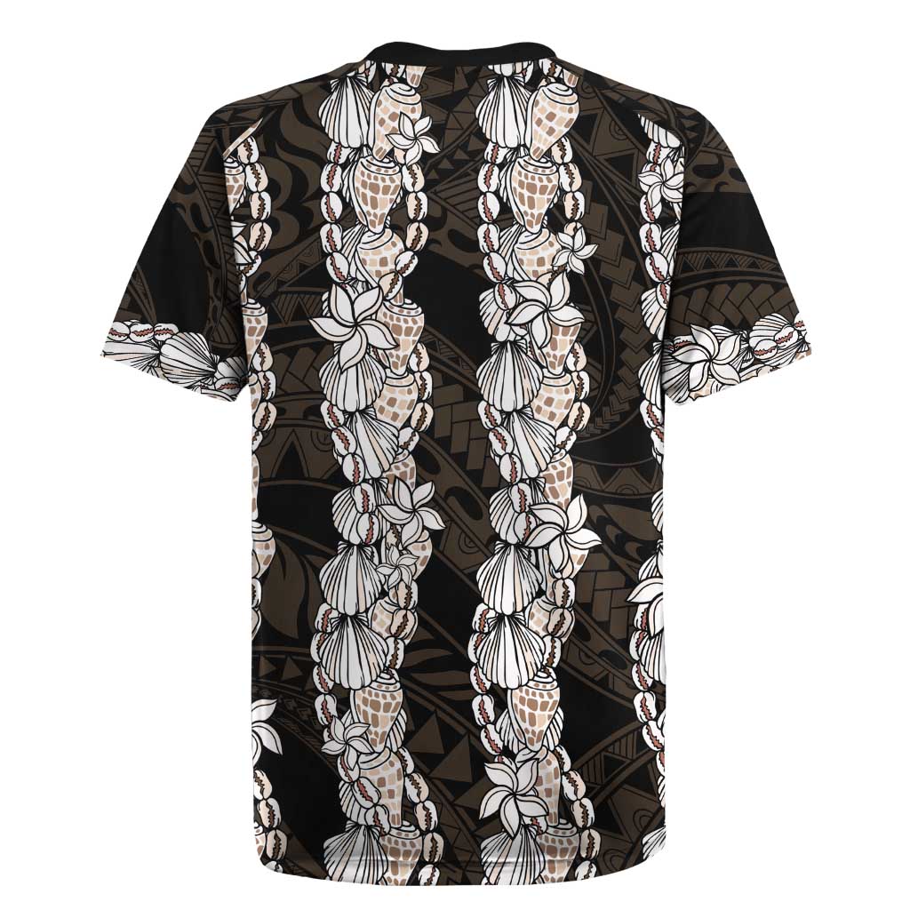 Black and Beige Hawaii Shell Lei Rugby Jersey Hawaiian Sunrise Shell Hebrew Cone Plumeria - Polynesian Pride