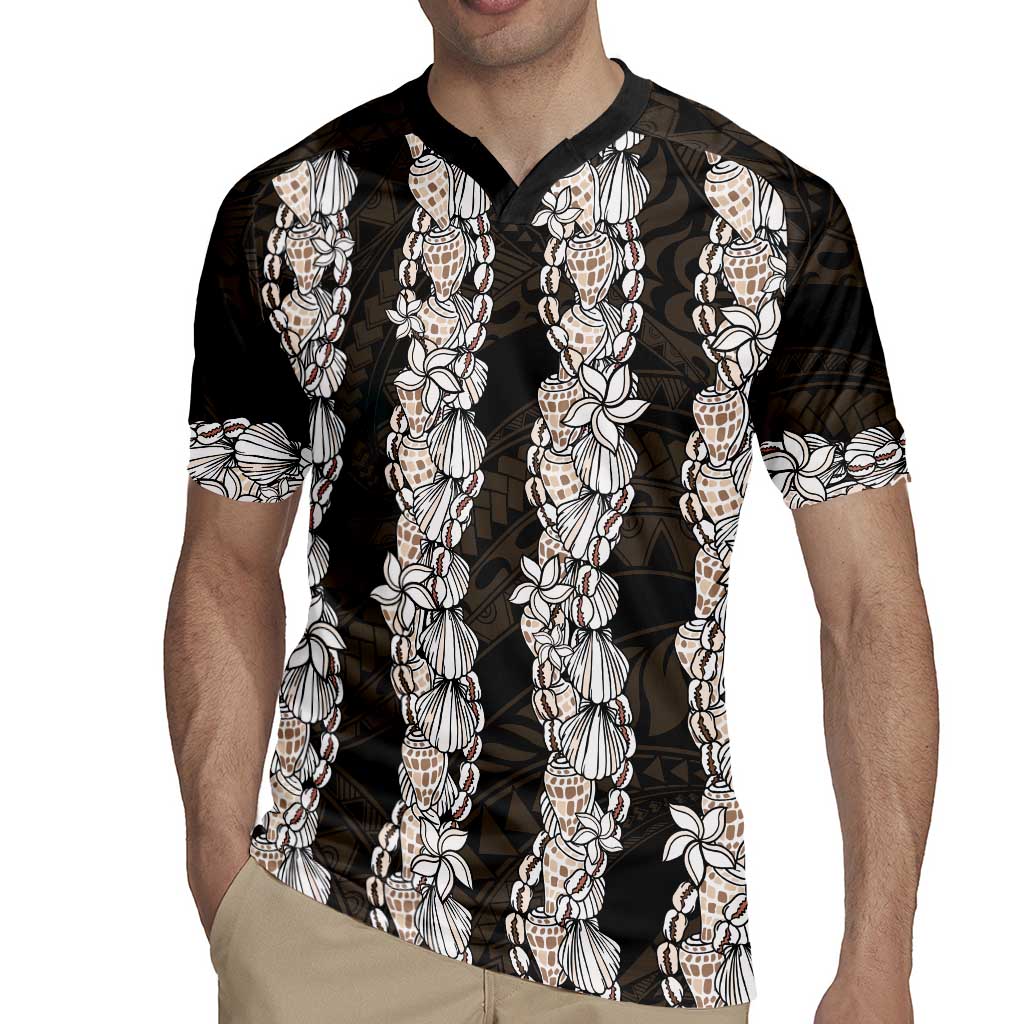 Black and Beige Hawaii Shell Lei Rugby Jersey Hawaiian Sunrise Shell Hebrew Cone Plumeria - Polynesian Pride