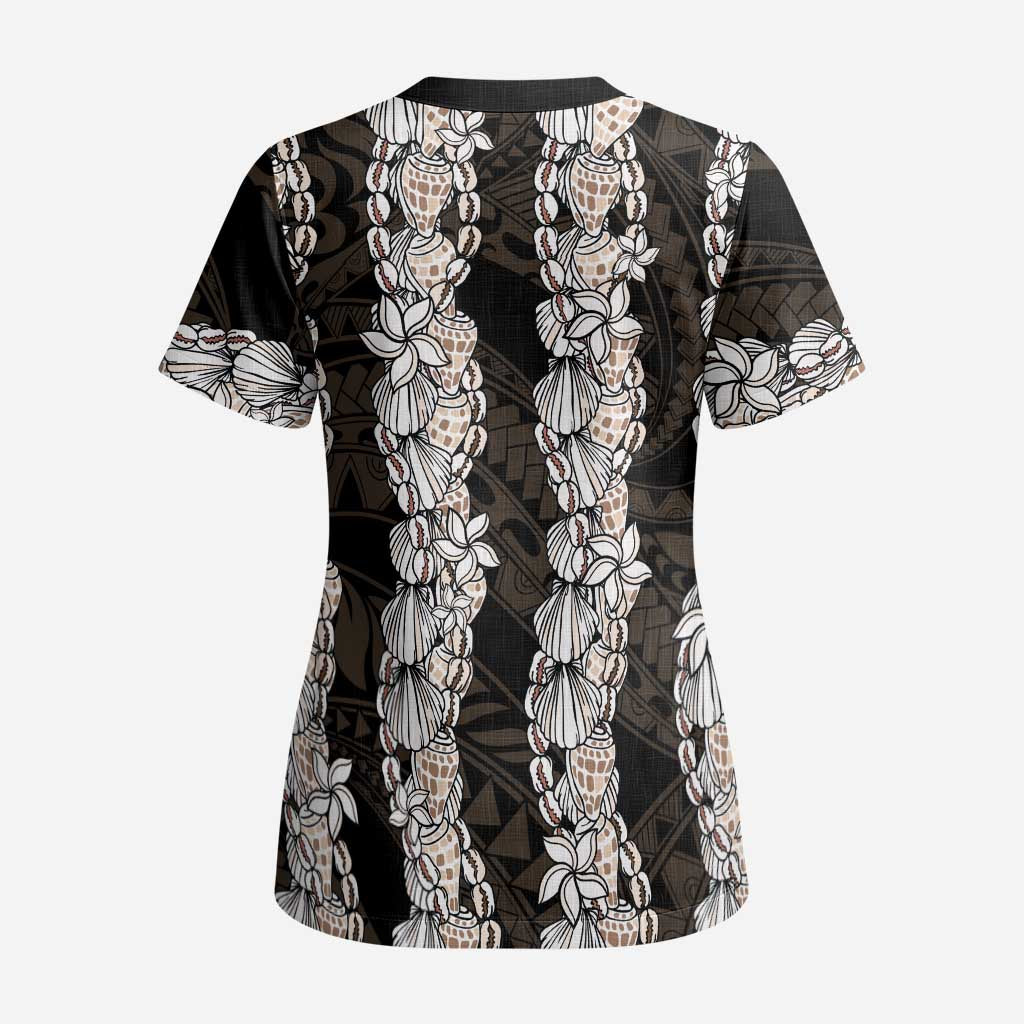 Black and Beige Hawaii Shell Lei Scrub Top Hawaiian Sunrise Shell Hebrew Cone Plumeria - Polynesian Pride