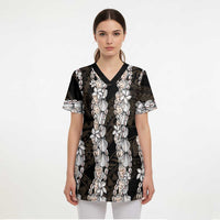 Black and Beige Hawaii Shell Lei Scrub Top Hawaiian Sunrise Shell Hebrew Cone Plumeria - Polynesian Pride