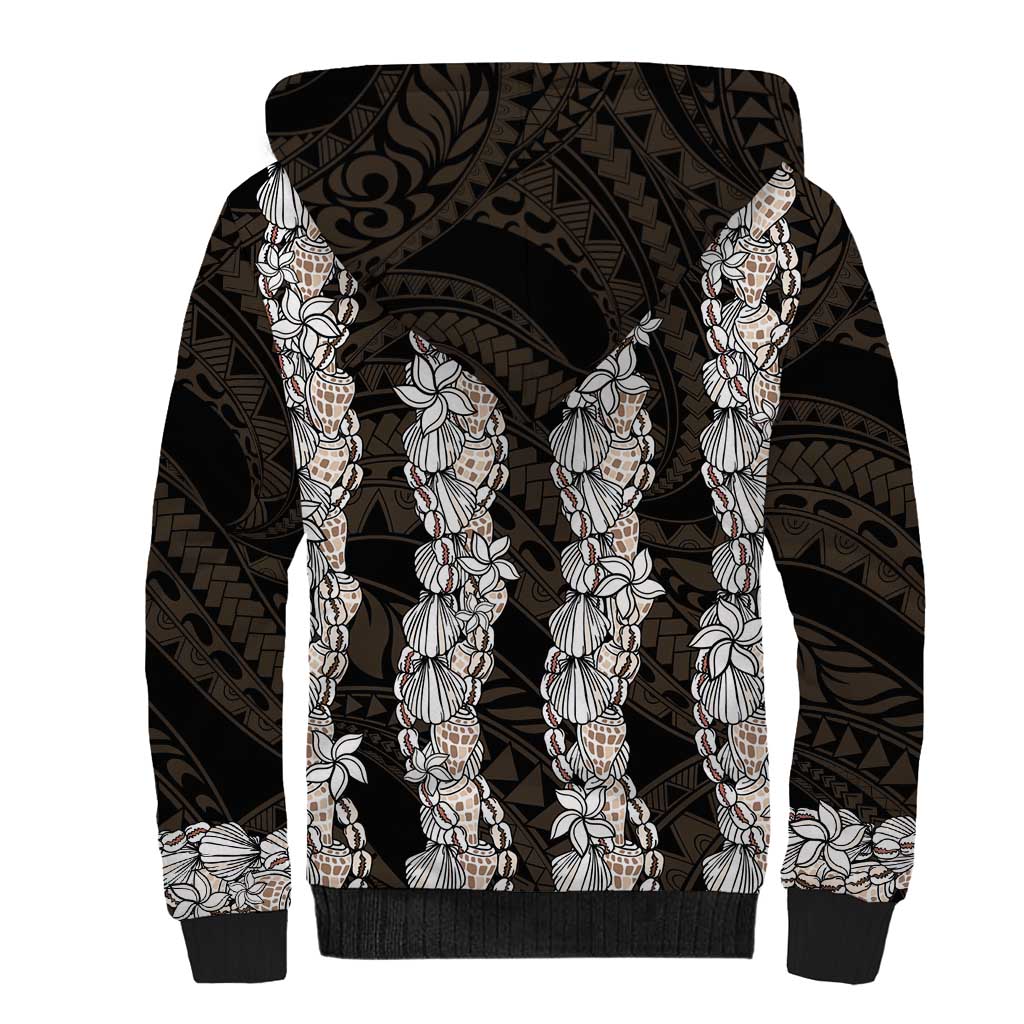 Black and Beige Hawaii Shell Lei Sherpa Hoodie Hawaiian Sunrise Shell Hebrew Cone Plumeria - Polynesian Pride