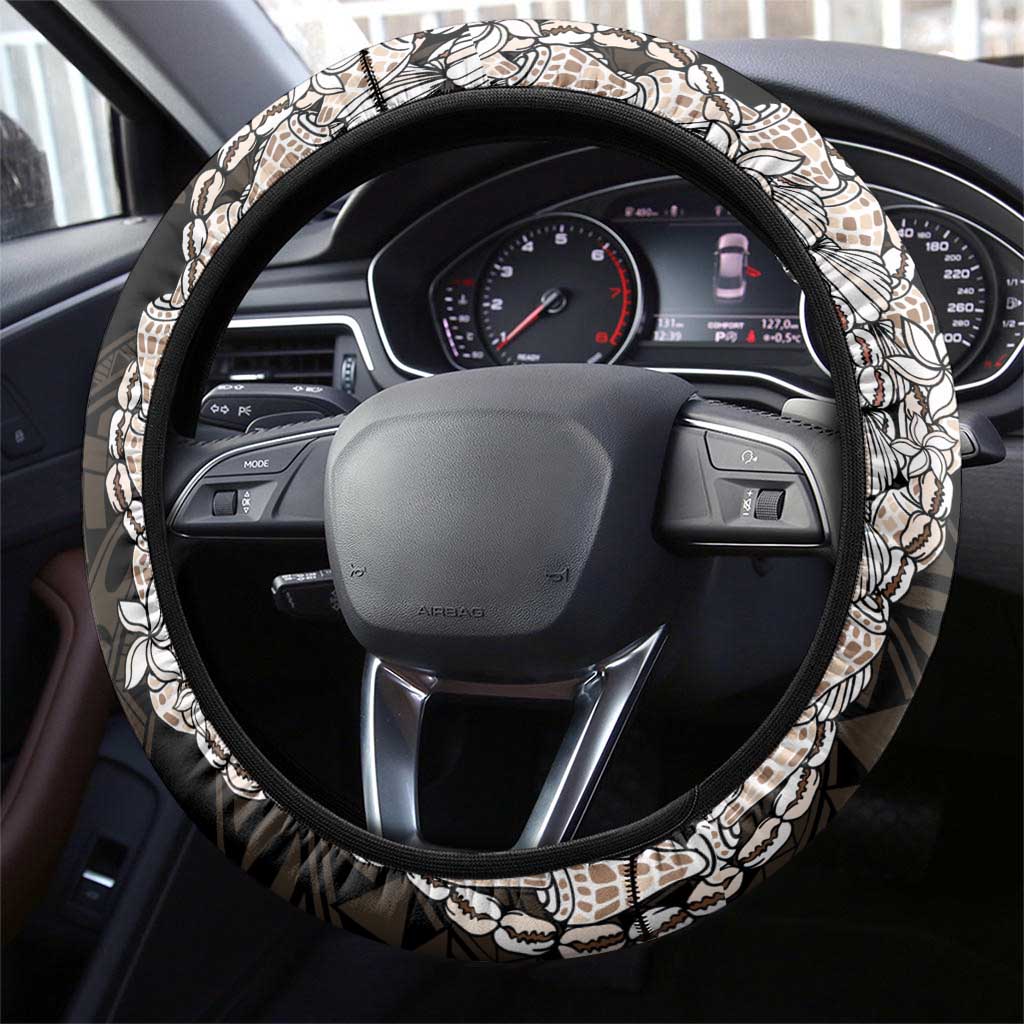 Black and Beige Hawaii Shell Lei Steering Wheel Cover Hawaiian Sunrise Shell Hebrew Cone Plumeria - Polynesian Pride