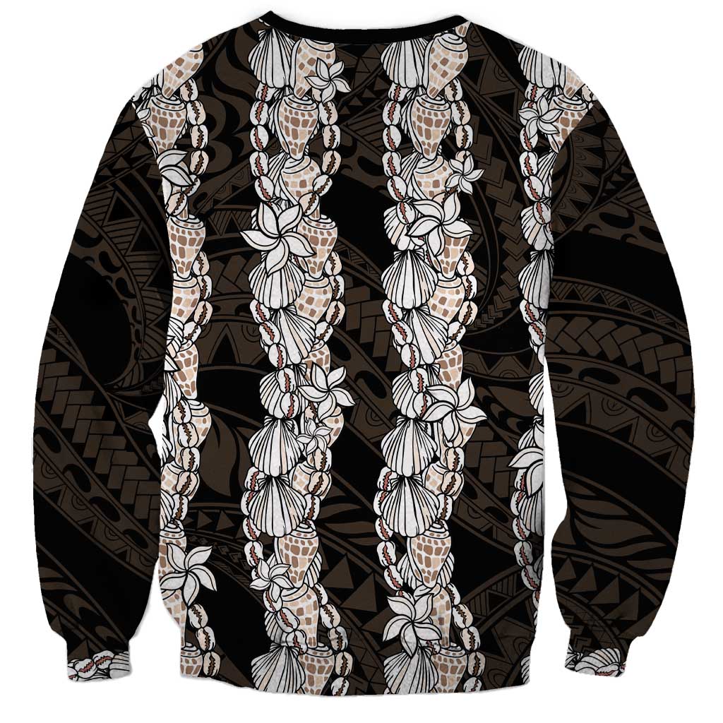Black and Beige Hawaii Shell Lei Sweatshirt Hawaiian Sunrise Shell Hebrew Cone Plumeria - Polynesian Pride