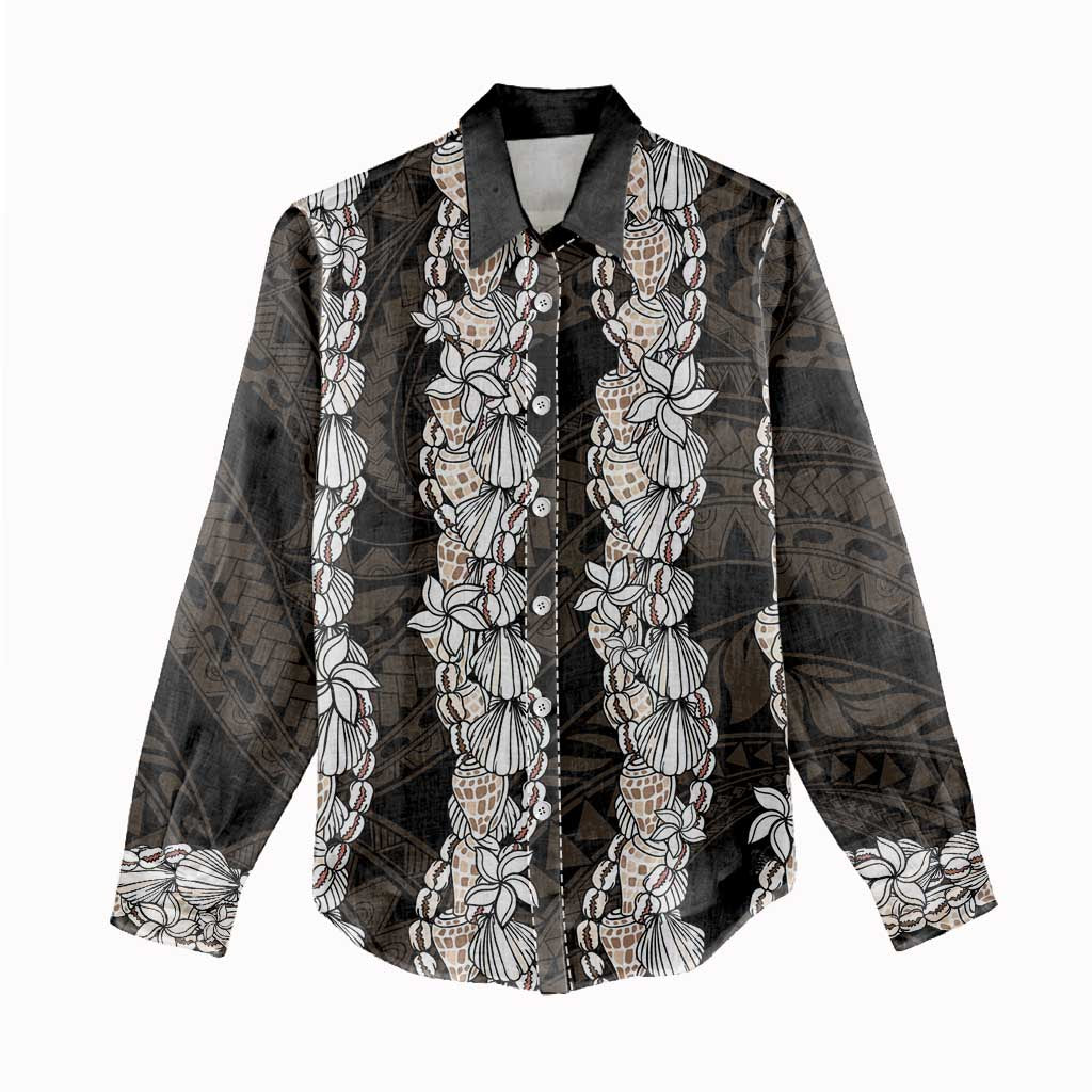 Black and Beige Hawaii Shell Lei Women Casual Shirt Hawaiian Sunrise Shell Hebrew Cone Plumeria - Polynesian Pride