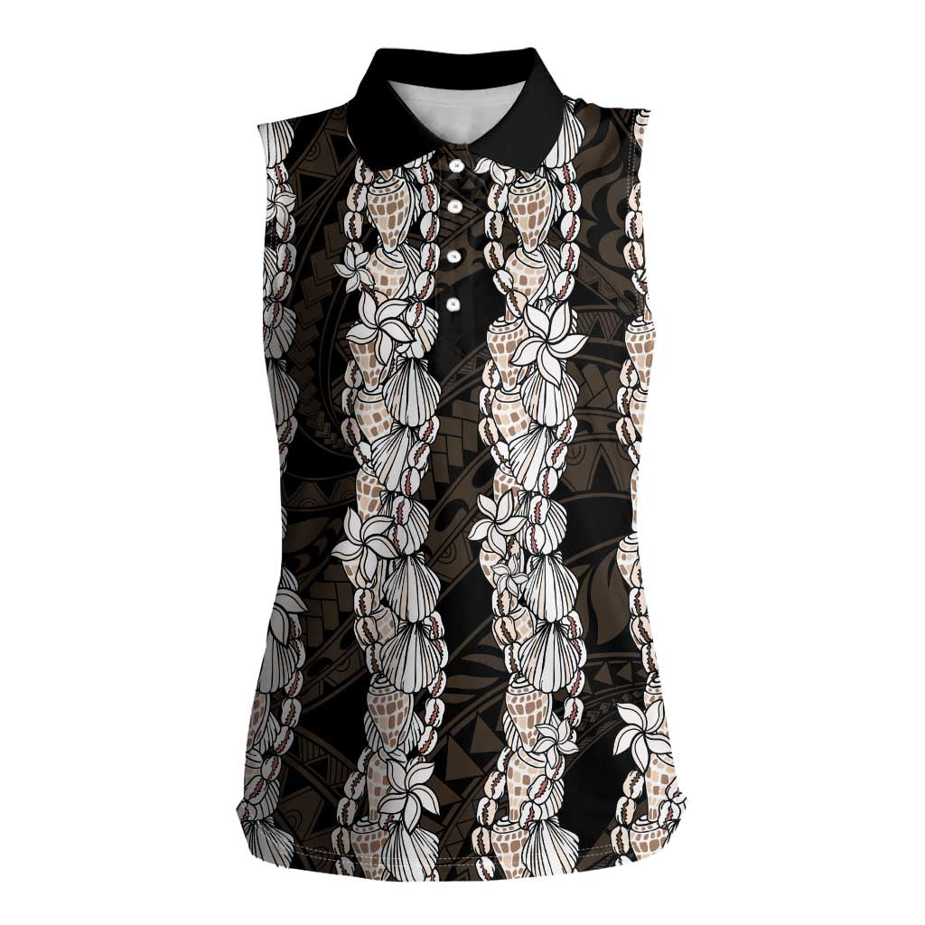 Black and Beige Hawaii Shell Lei Women Sleeveless Polo Shirt Hawaiian Sunrise Shell Hebrew Cone Plumeria - Polynesian Pride