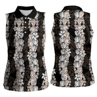 Black and Beige Hawaii Shell Lei Women Sleeveless Polo Shirt Hawaiian Sunrise Shell Hebrew Cone Plumeria - Polynesian Pride