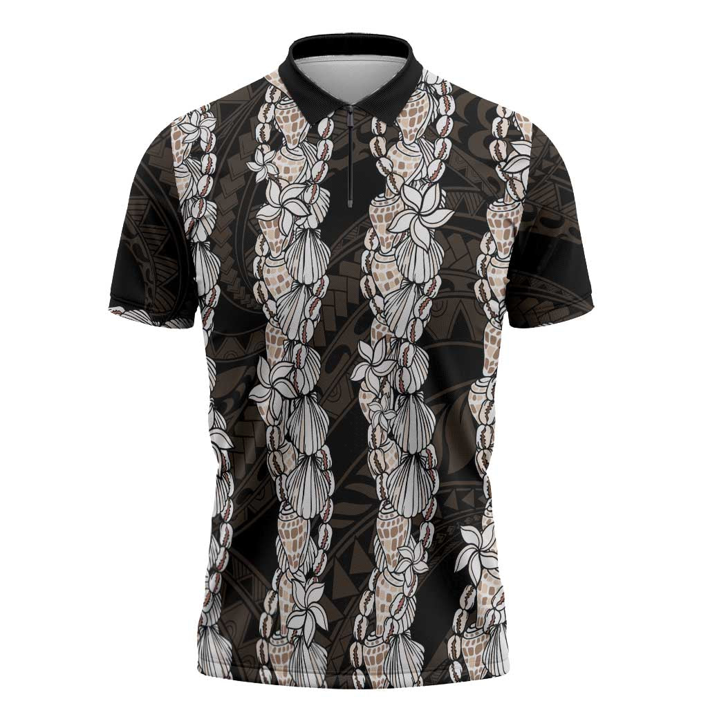 Black and Beige Hawaii Shell Lei Zipper Polo Shirt Hawaiian Sunrise Shell Hebrew Cone Plumeria - Polynesian Pride