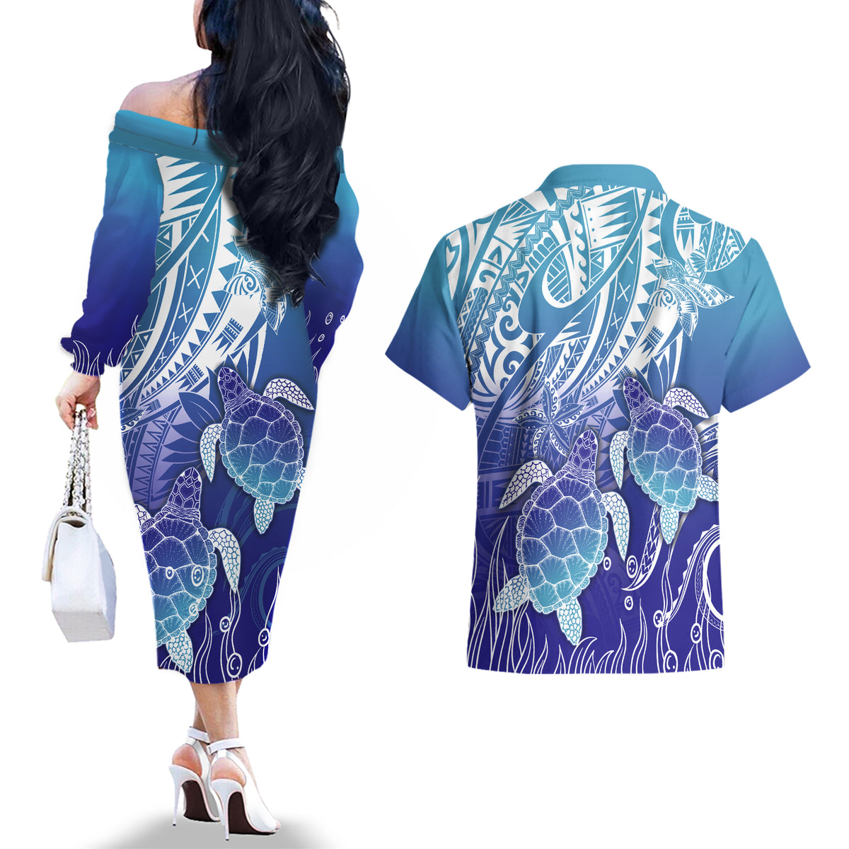 Polynesia Sea Turtle Couples Matching Off The Shoulder Long Sleeve Dress and Hawaiian Shirt Happy Valentine Day Polynesian - Dark Cyan LT14 - Polynesian Pride