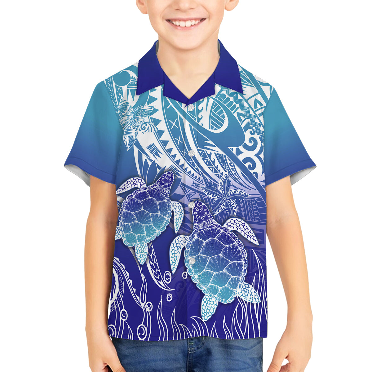 Polynesia Sea Turtle Family Matching Off Shoulder Short Dress and Hawaiian Shirt Happy Valentine Day Polynesian - Dark Cyan LT14 Son's Shirt Dark Cyan - Polynesian Pride