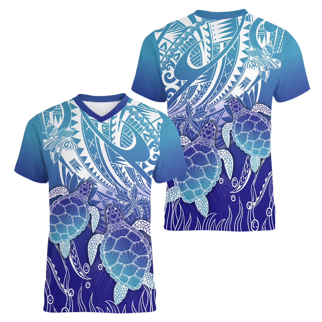 Polynesia Sea Turtle Women V Neck T Shirt Happy Valentine Day Polynesian - Dark Cyan LT14 - Polynesian Pride
