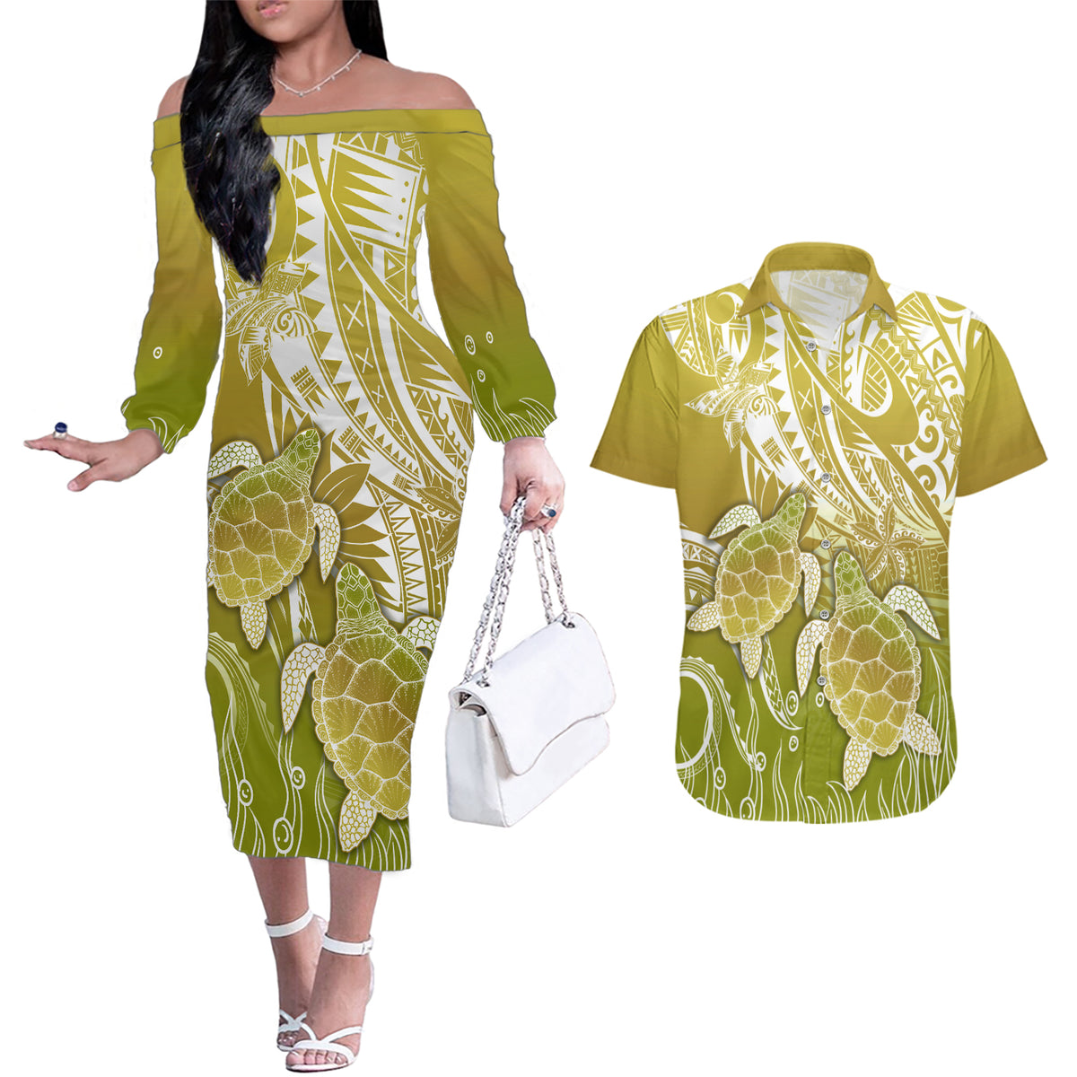 Polynesia Sea Turtle Couples Matching Off The Shoulder Long Sleeve Dress and Hawaiian Shirt Happy Valentine Day Polynesian - Gold LT14 Gold - Polynesian Pride