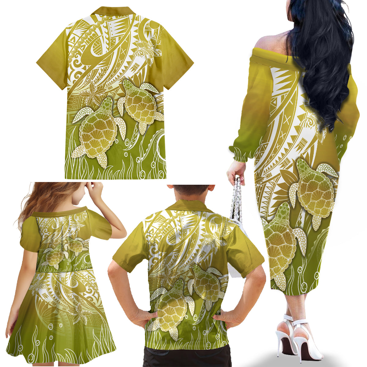 Polynesia Sea Turtle Family Matching Off Shoulder Long Sleeve Dress and Hawaiian Shirt Happy Valentine Day Polynesian - Gold LT14 - Polynesian Pride