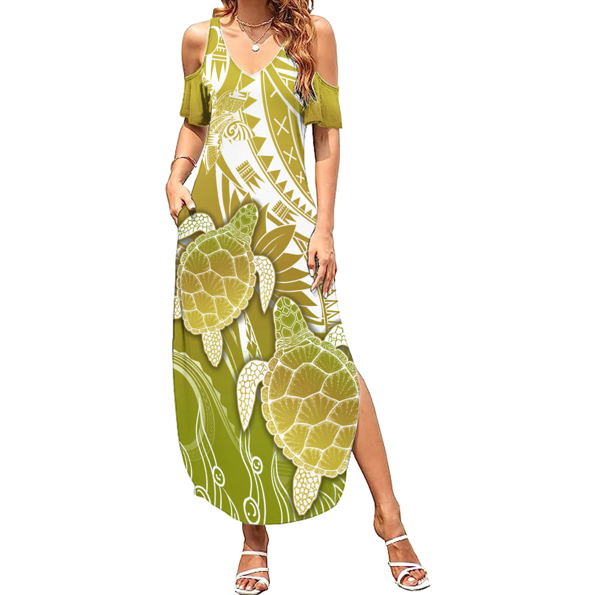 Polynesia Sea Turtle Family Matching Summer Maxi Dress and Hawaiian Shirt Happy Valentine Day Polynesian - Gold LT14 Mom's Dress Gold - Polynesian Pride