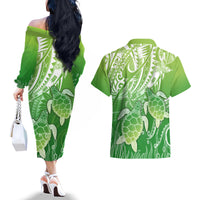 Polynesia Sea Turtle Couples Matching Off The Shoulder Long Sleeve Dress and Hawaiian Shirt Happy Valentine Day Polynesian - Green LT14 - Polynesian Pride