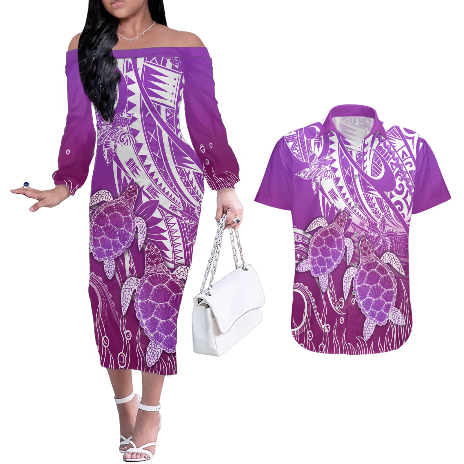 Polynesia Valentine Day Couples Matching Off The Shoulder Long Sleeve Dress and Hawaiian Shirt Polynesian Sea Turtle Purple Version LT14 Purple - Polynesian Pride