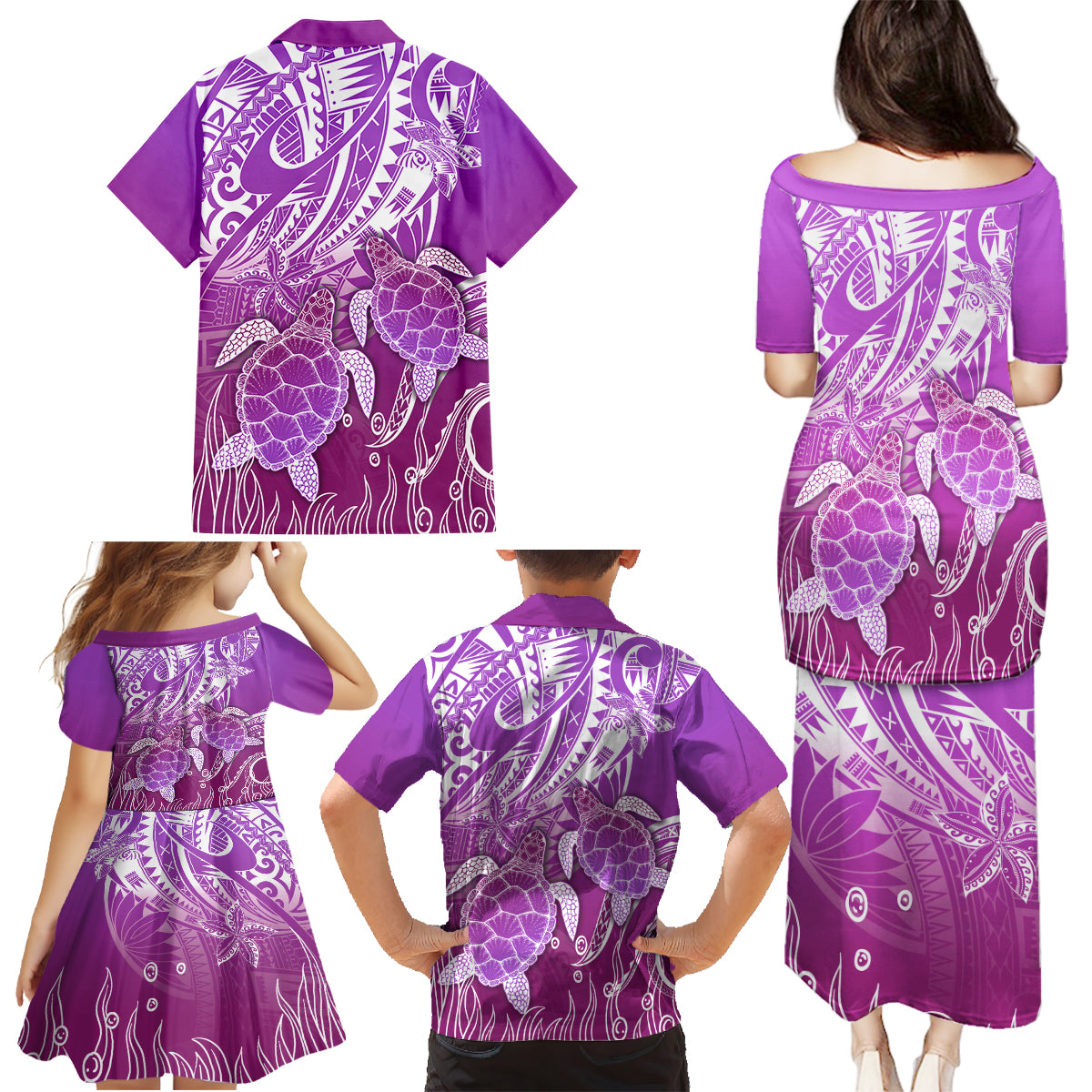 Polynesia Valentine Day Family Matching Puletasi Dress and Hawaiian Shirt Polynesian Sea Turtle Purple Version LT14 - Polynesian Pride