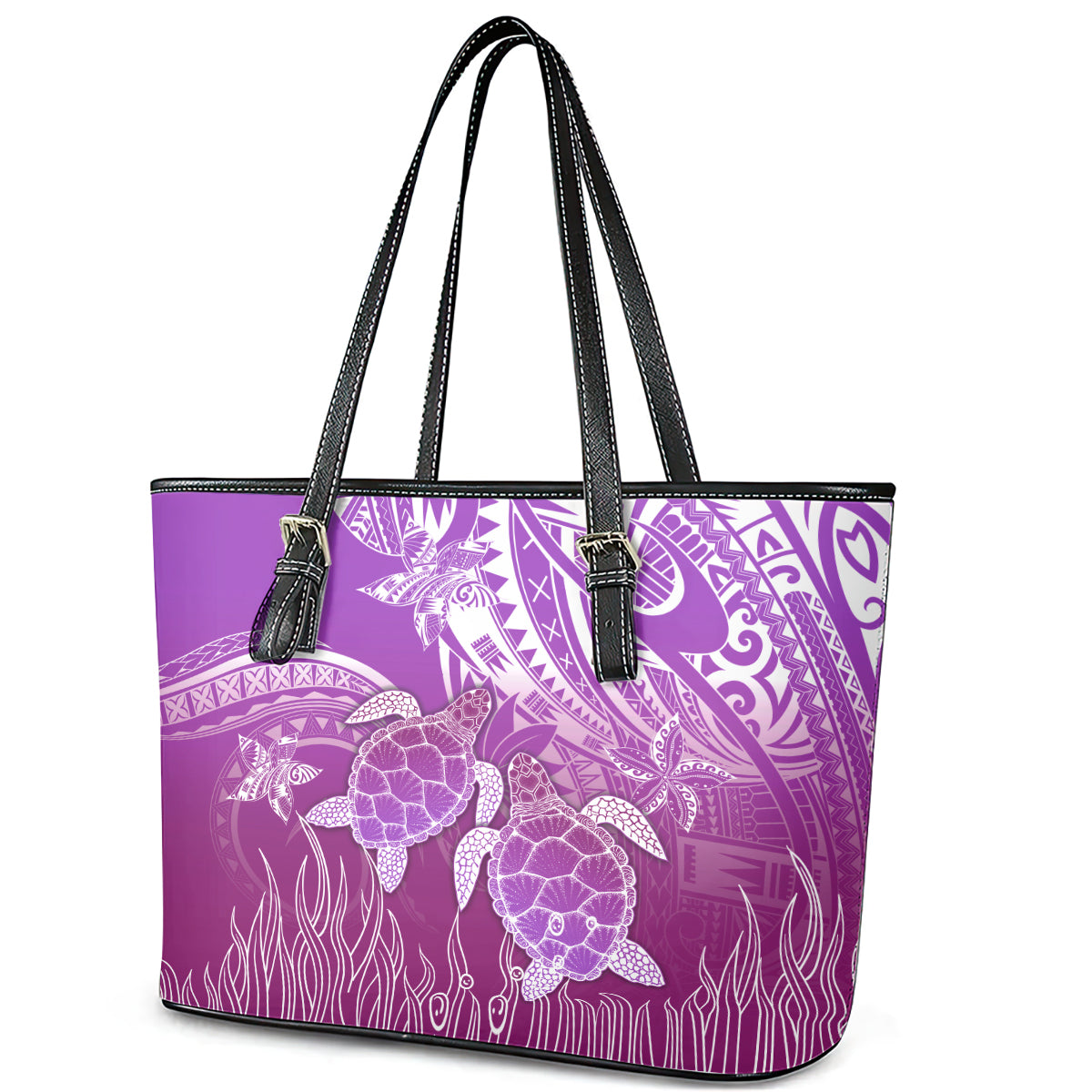 Polynesia Valentine Day Leather Tote Bag Polynesian Sea Turtle Purple Version LT14 - Polynesian Pride