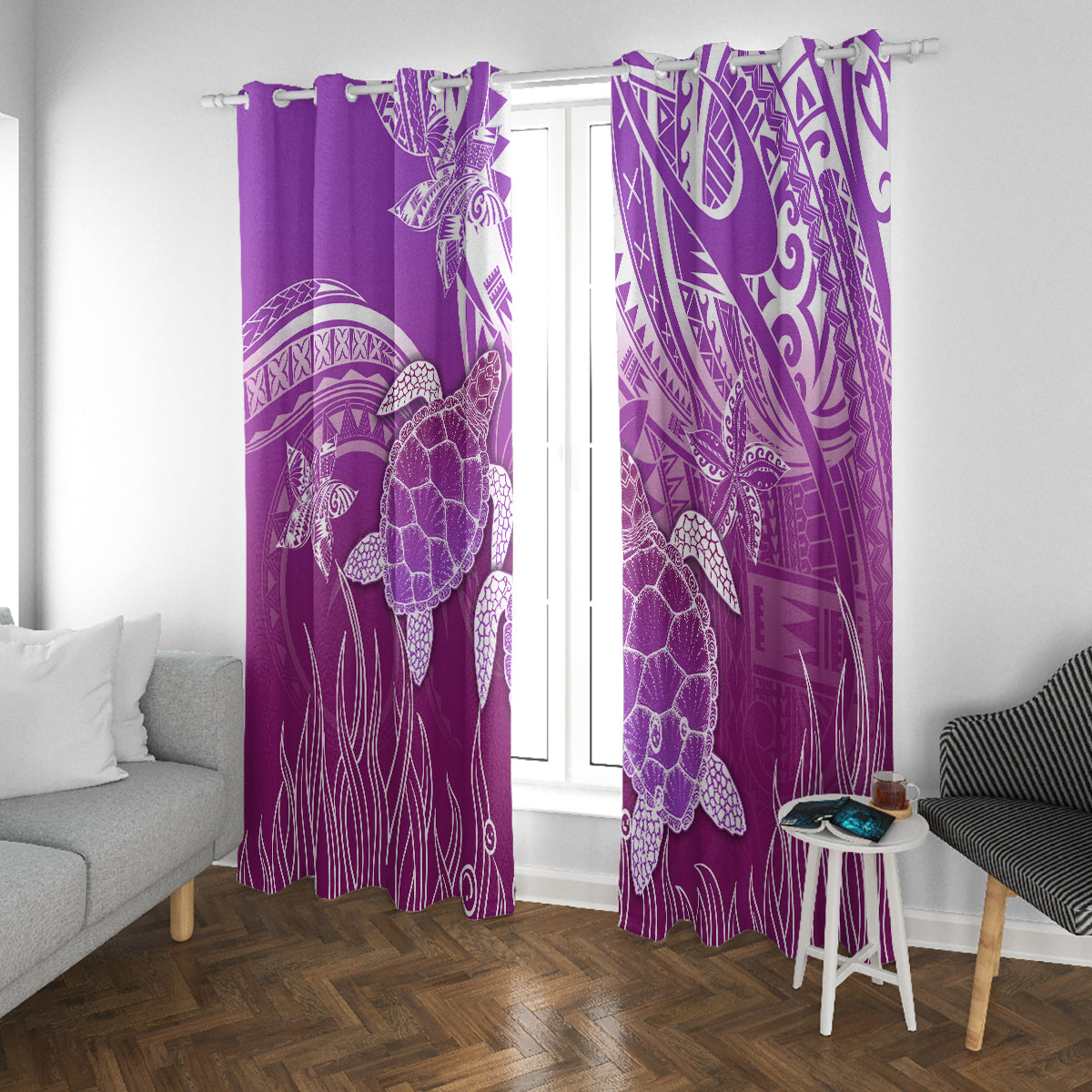 Polynesia Valentine Day Window Curtain Polynesian Sea Turtle Purple Version LT14 With Grommets Purple - Polynesian Pride