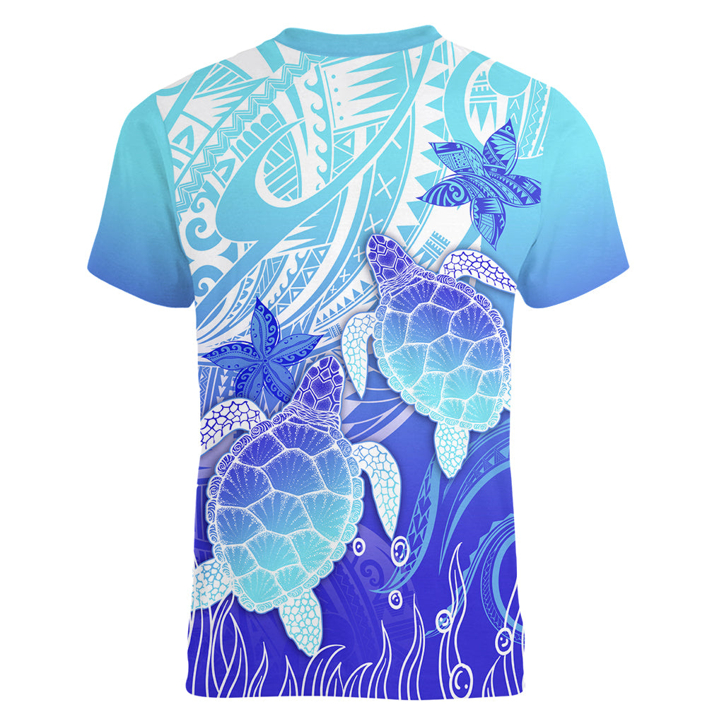 Polynesia Valentine Day Women V Neck T Shirt Polynesian Sea Turtle Turquoise Version LT14 - Polynesian Pride