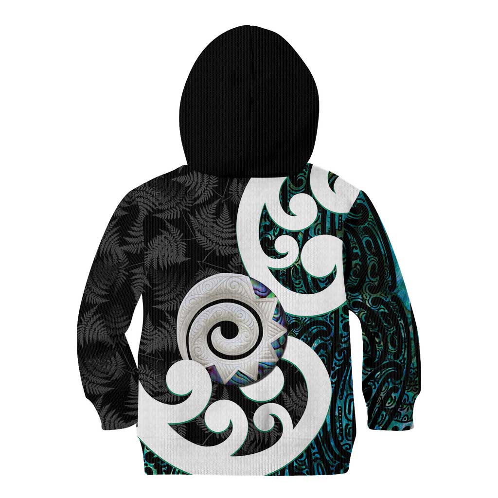 Aotearoa Koru Kid Hoodie Cyan Maori Paua Shell Mix Silver Fern LT14 - Polynesian Pride