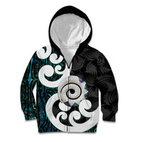 Aotearoa Koru Kid Hoodie Cyan Maori Paua Shell Mix Silver Fern LT14 Zip Hoodie Black - Polynesian Pride
