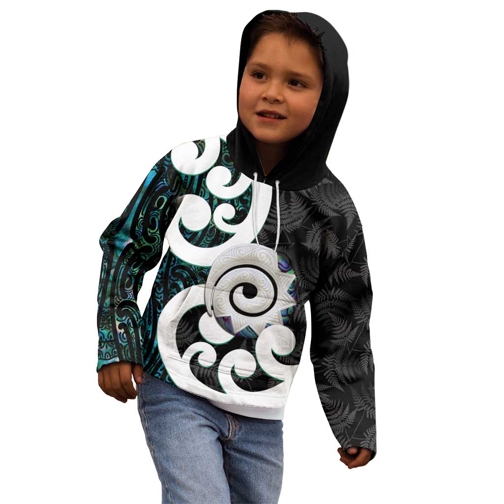 Aotearoa Koru Kid Hoodie Cyan Maori Paua Shell Mix Silver Fern LT14 - Polynesian Pride