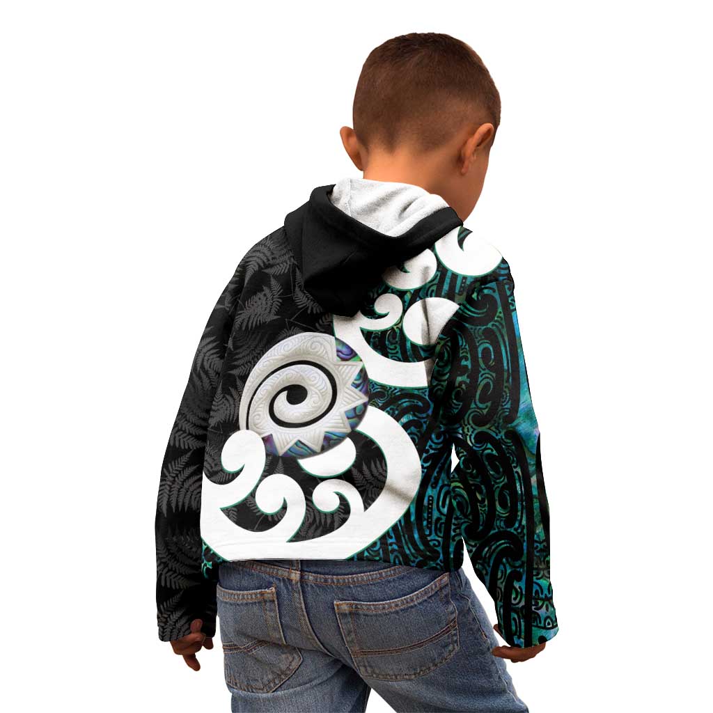 Aotearoa Koru Kid Hoodie Cyan Maori Paua Shell Mix Silver Fern LT14 - Polynesian Pride