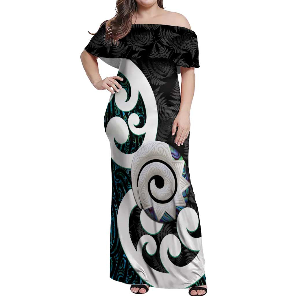 Aotearoa Koru Off Shoulder Maxi Dress Cyan Maori Paua Shell Mix Silver Fern LT14 Women Black - Polynesian Pride