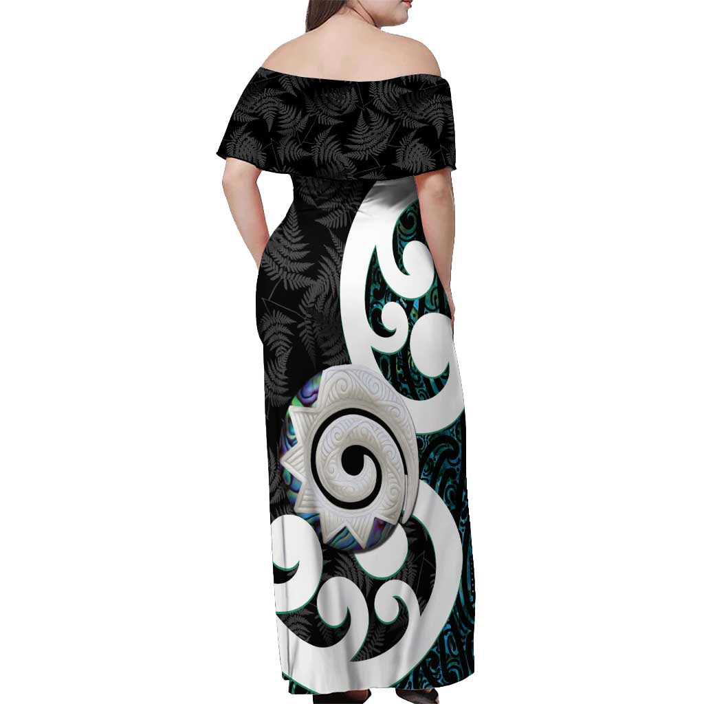 Aotearoa Koru Off Shoulder Maxi Dress Cyan Maori Paua Shell Mix Silver Fern LT14 - Polynesian Pride