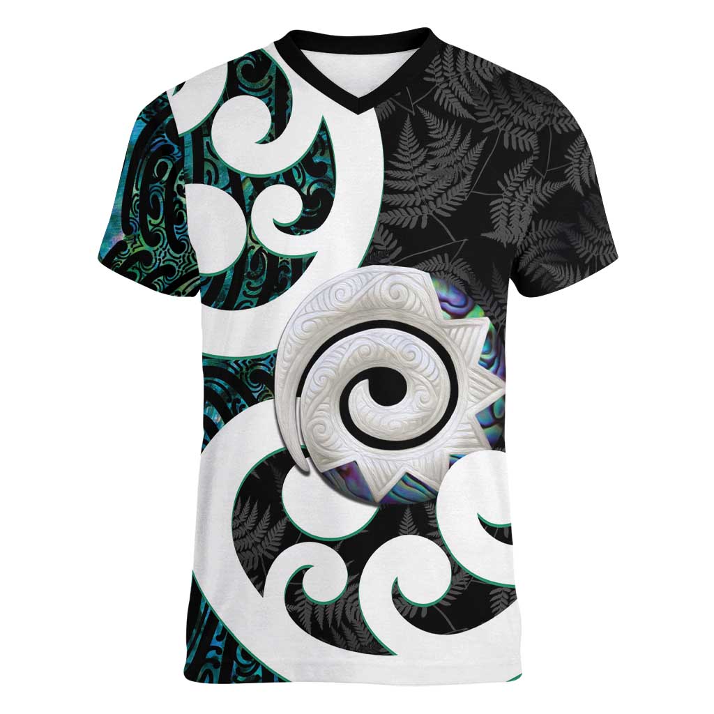 Aotearoa Koru Women V-Neck T-Shirt Cyan Maori Paua Shell Mix Silver Fern LT14 Female Black - Polynesian Pride