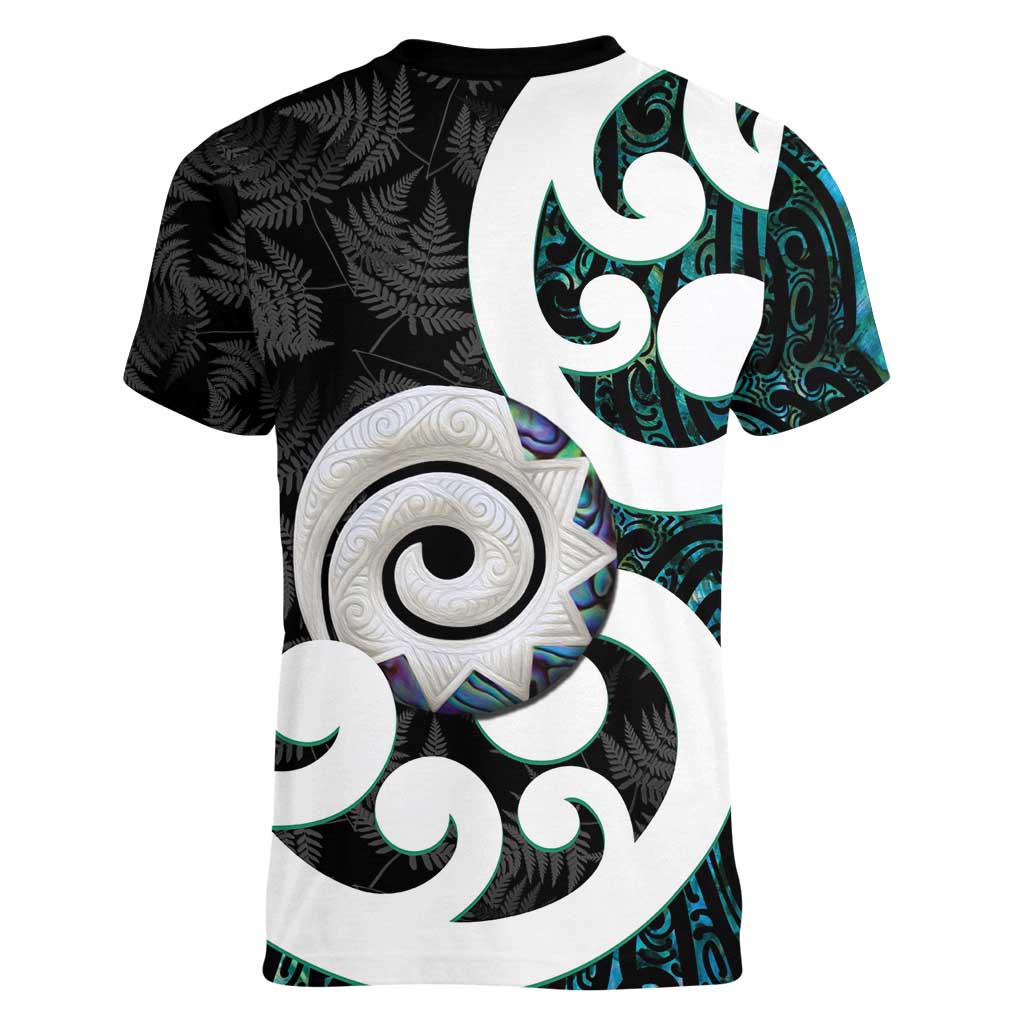 Aotearoa Koru Women V-Neck T-Shirt Cyan Maori Paua Shell Mix Silver Fern LT14 - Polynesian Pride