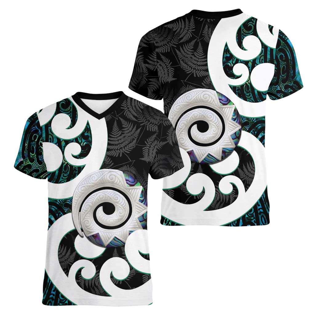 Aotearoa Koru Women V-Neck T-Shirt Cyan Maori Paua Shell Mix Silver Fern LT14 - Polynesian Pride