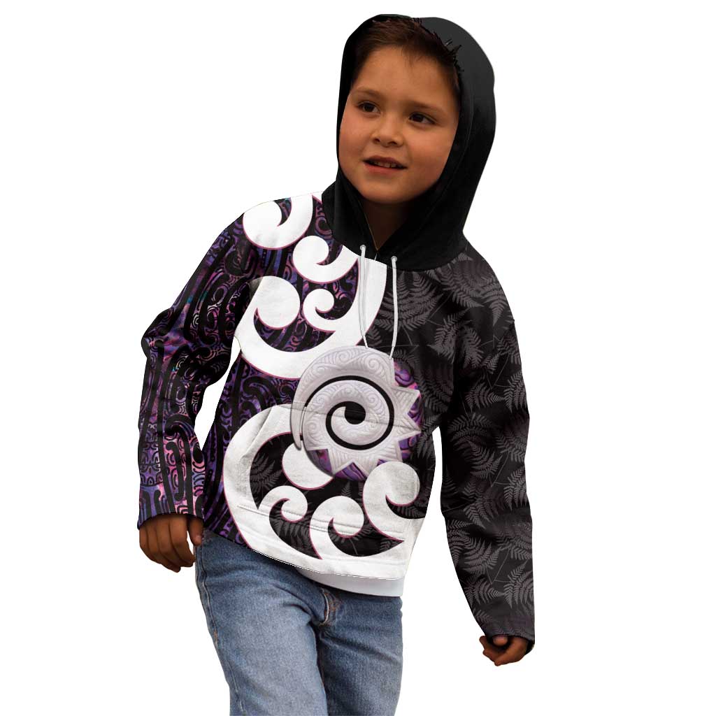 Aotearoa Koru Kid Hoodie Purple Maori Paua Shell Mix Silver Fern LT14 - Polynesian Pride
