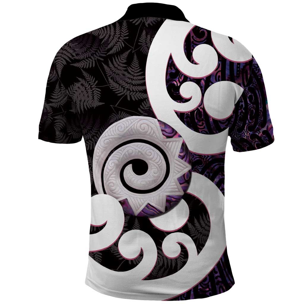 Aotearoa Koru Polo Shirt Purple Maori Paua Shell Mix Silver Fern
