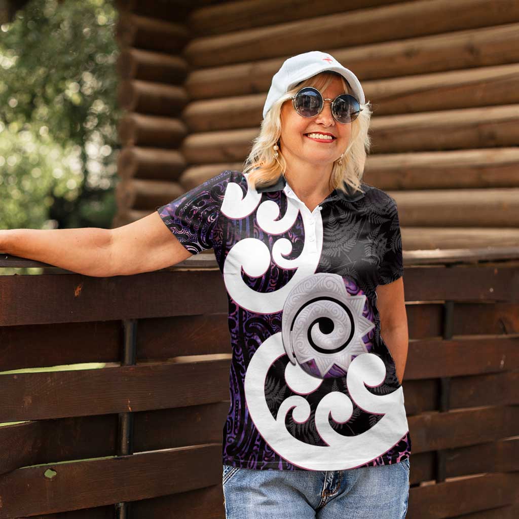Aotearoa Koru Women Polo Shirt Purple Maori Paua Shell Mix Silver Fern