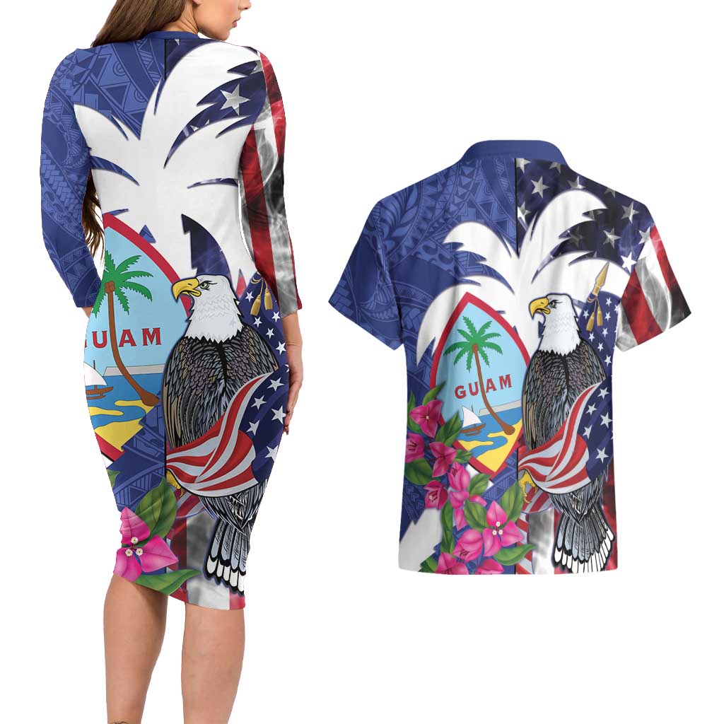 United States Guam Couples Matching Long Sleeve Bodycon Dress and Hawaiian Shirt USA Eagle Guahan Seal Bougainvillea - Polynesian Pride