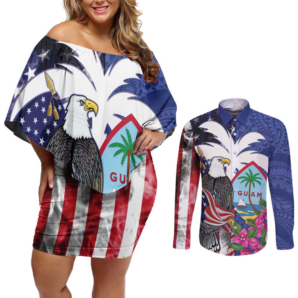 United States Guam Couples Matching Off Shoulder Short Dress and Long Sleeve Button Shirt USA Eagle Guahan Seal Bougainvillea LT14 Blue - Polynesian Pride