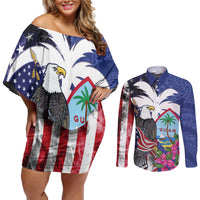 United States Guam Couples Matching Off Shoulder Short Dress and Long Sleeve Button Shirt USA Eagle Guahan Seal Bougainvillea LT14 Blue - Polynesian Pride