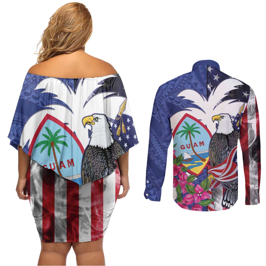 United States Guam Couples Matching Off Shoulder Short Dress and Long Sleeve Button Shirt USA Eagle Guahan Seal Bougainvillea LT14 - Polynesian Pride